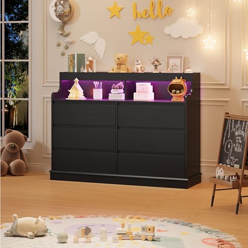 Dresser for Bedroom, 6 Drawer Dresser with LED Lights and Charging Station, Wide Chest of 6 Drawers with Open Space, Modern Large Capacity Storage Cabinet, Living Room, Hallway, Black