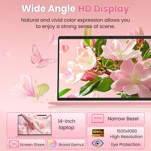 Image of 14 inch Rose Gold Laptop, Quad-Core Celeron J4105 Processor, FHD IPS Display, 6GB RAM 1TB SSD,Win 11 Pro PC, Ultra Lightweight Notebook for Travel, Online Classes, Work & Study