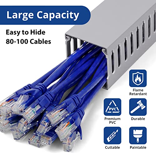 Image of ZhiYo 3 inch H x 3 inch W Cable Raceway, Under Desk Wire Management Channel Grey | Slotted Wire Duct, 2 Pack(3.3ft Each), Heavy-Duty PVC Cable Management for Server Racks, Network Cables & Electrical Cabinets