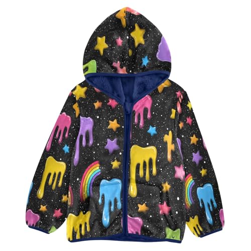 Colorful Stars Rainbows and Drips Toddler Fleece Jacket Girl Boys Hooded Fleece Jacket Coat Warm Outwear Zip-up 3-10T