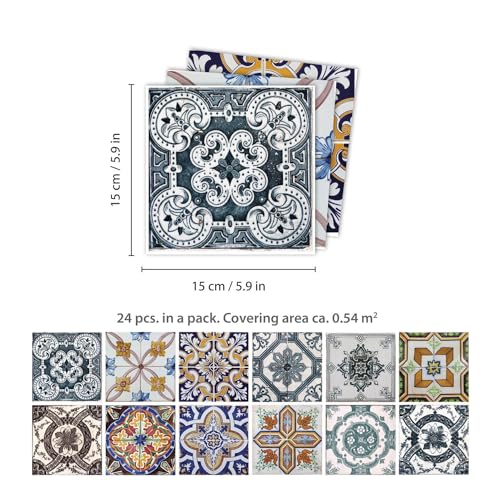 WALPLUS 24 Stück 15x15cm Korfu Farbenfroh Mediterran Mehrfarbig Wandfliesen Aufkleber Schälen und Kleben Backsplash Abziehbilder Startseite Dekore Aufkantung für Küche Badezimmer Kacheln Farbe auf