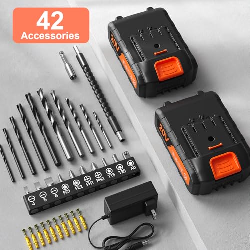Image of 20V Cordless Drill, Double 2000mAh Batteries, 3 /8 inch Keyless Chuck, 25+1 Max 370 In-lb Torque, 42Pcs Drill Bits