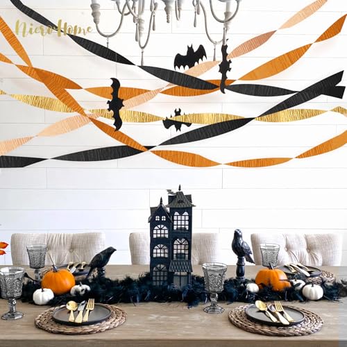Image of Thanksgiving Party Decorations, 8 Rolls Black Orange Gold Crepe Paper Streamers, Paper Tassels Party Streamer for Fall Autumn Thanksgiving Day Halloween Party Decoration