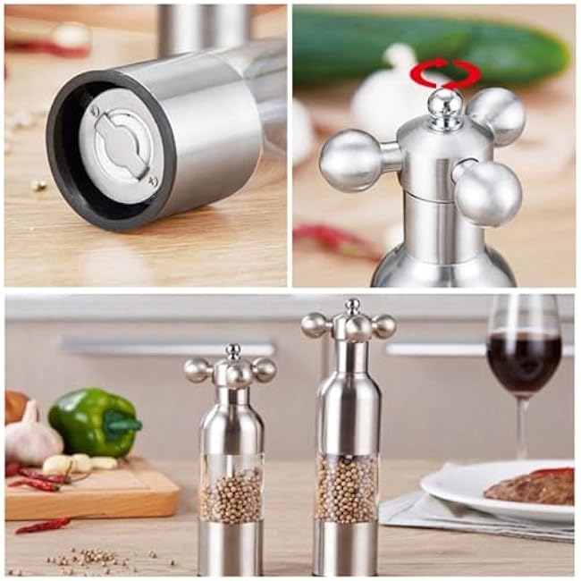 Salt and Pepper Grinder, Salt or Pepper Shakers Pepper Mill, Adjustable Stainless Steel Salt Grinder or Pepper Grinder for Home,Kitchen,Barbecue (Short Size)