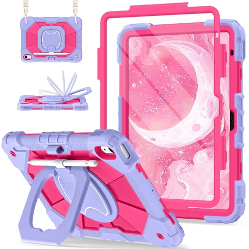 Image of Scnioy Case for iPad A16 11th Generation 11 Inch 2025, Rugged A16 iPad Case 10th Generation Cover with 360 Rotating Stand Screen Protector Pen Holder Shoulder Strap, Purple HotPink