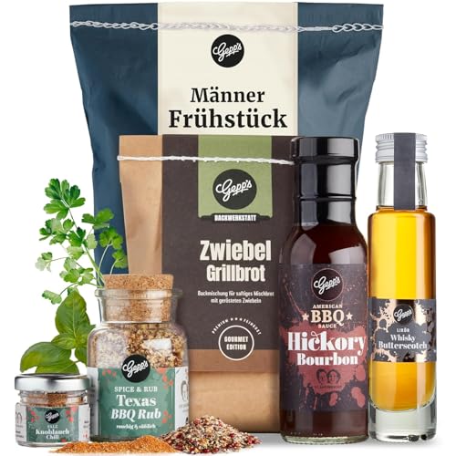 Gepp’s Feinkost Männerfrühstück Wundertüte I Geschenkidee für Männer mit Bio Grill- und BBQ Sauce, Whiskey, Texas Super Rub, Black Lava Salz & Grillbrot I...
