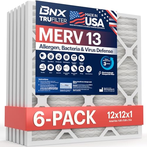 BNX TruFilter 12x12x1 Air Filter MERV 13 (6-Pack) - MADE IN USA - Electrostatic Pleated Air Conditioner HVAC AC Furnace Filters for Allergies, Pollen, Mold, Bacteria, Smoke, Allergen, MPR 1900 FPR 10