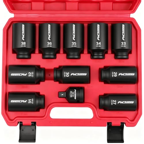 1/2 Drive Deep Impact Socket Set: 11-Piece Metric Size Wheel Axle Nut Wrench Metric Large Jumbo 27mm 29mm 30mm 31mm 32mm 33mm 34mm 35mm 36mm 38mm Spindle Joint High Torque Truck Bearing Locknut