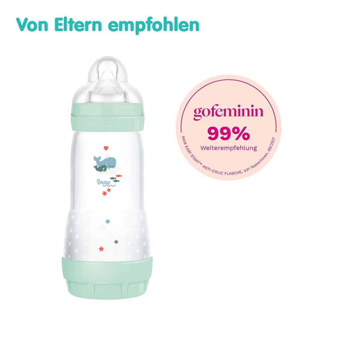 MAM Easy Start - Biberón anticólicos (320 ml), botella de leche especialmente aceptada, con válvula inferior contra cólicos y tetinas, tamaño 2, 4 meses y más, ballena