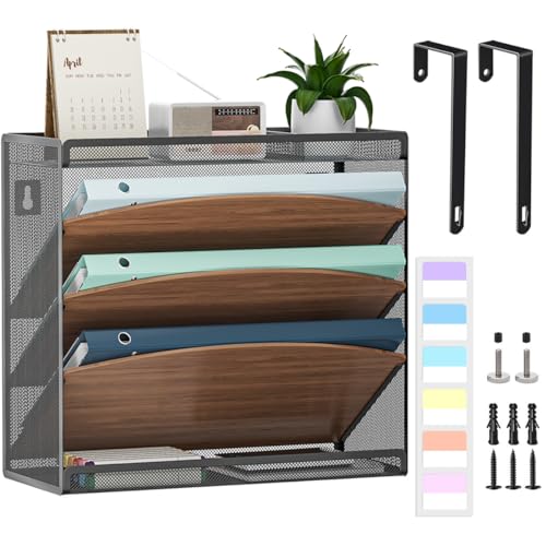 LUCYCAZ-Wall-File-Organizer-5-Tier-Wood-Hanging-File-Organizer-3-Pockets-Wall-File-Holder-with-2-flat-Trays-Wall-Organizer-for-Office-Home-Black