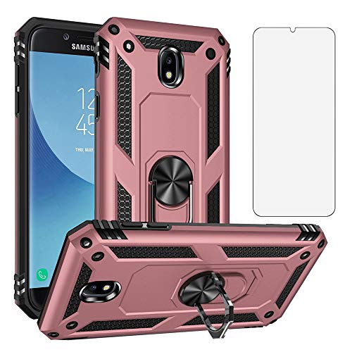 Asuwish Funda para Samsung Galaxy J5 2017 con Cristal Templado Protector Pantalla Vidrio Pelicula Protectora Magnética Anillo Soporte Silicona J5 Pro Duos SM J530F/DS J530F Móvil Tapa Case Oro Rosa