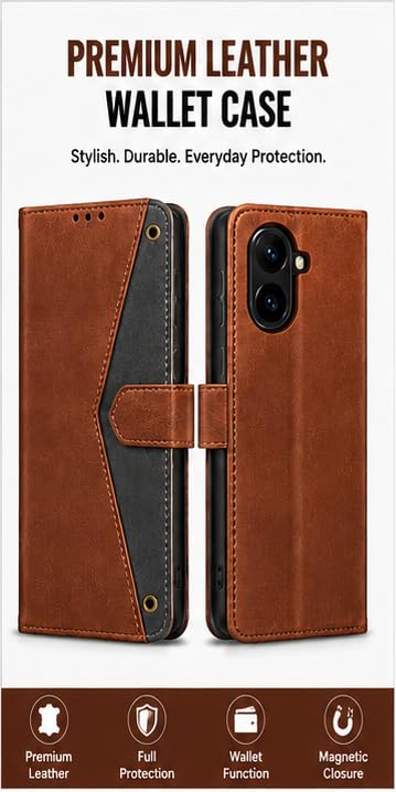 Image of HushLush Premium Flip Cover Compatible for Redmi A7 Pro | Shockproof Wallet Style Protective Case with Card Slots, Magnetic Closure, Stand Function & Full Body Protection (Dual Tone Metallic) (Brown)