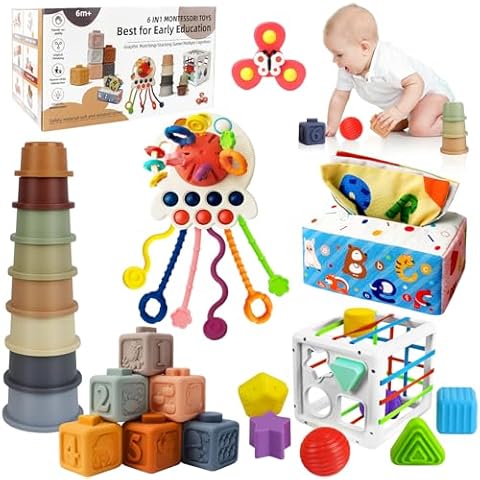 EPOGG 6 in 1 Montessori Toys for Babies 6-12 Months Up - Incl Pull String Toy, Stacking Cups, Tissue Box, Suction Cup Spinner, Stacking Blocks,Activity Cube, Baby Toys for 1 2 3 Year Old Cover
