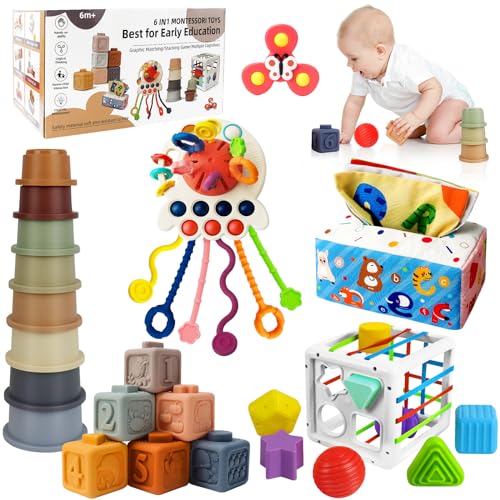Image of EPOGG 6 in 1 Montessori Toys for Babies 6-12 Months Up - Incl Pull String Toy, Stacking Cups, Tissue Box, Suction Cup Spinner, Stacking Blocks,Activity Cube, Baby Toys for 1 2 3 Year Old