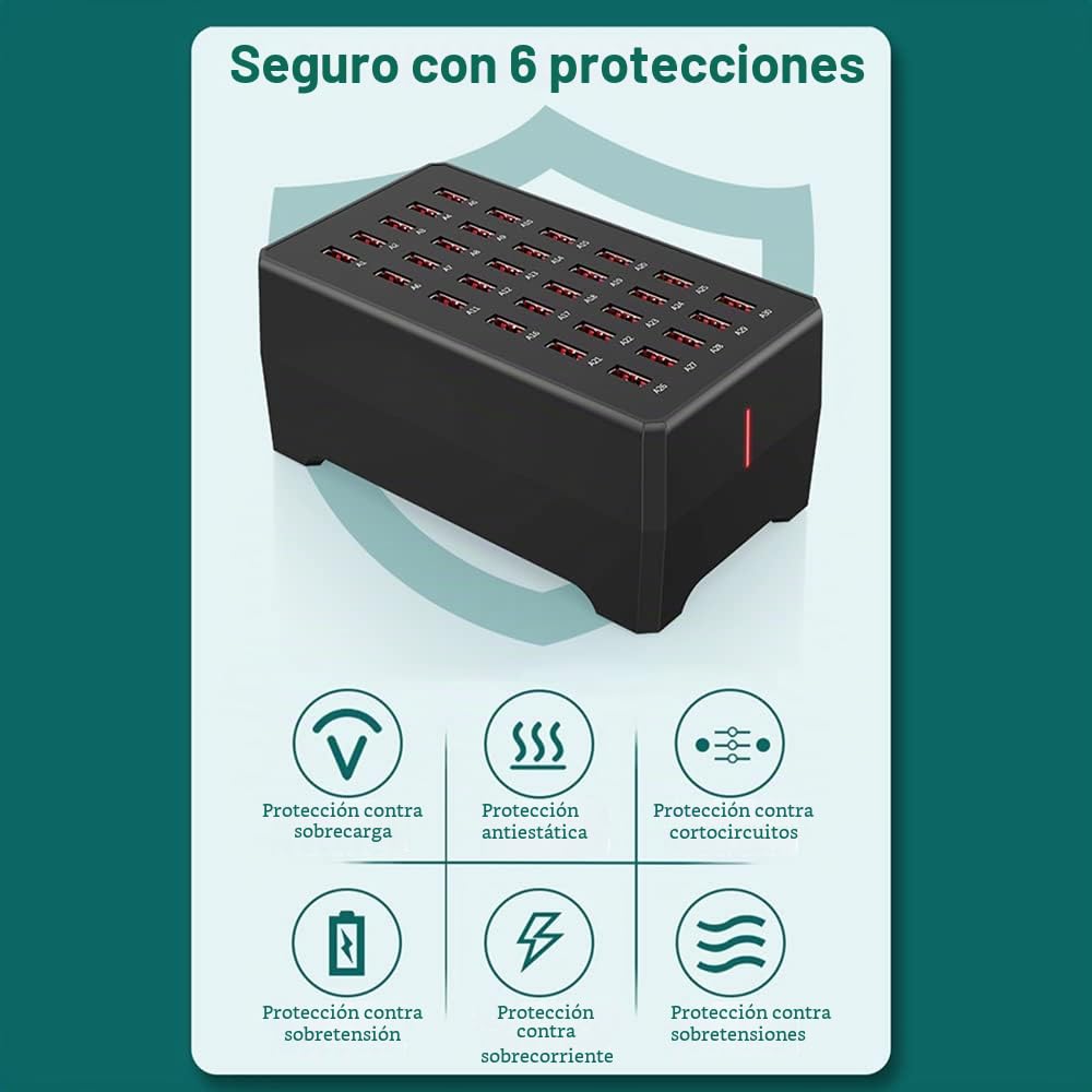 Estación de Carga USB de 150 W Cargador de Enchufe USB Cargador de Escritorio de 30 Puertos Compatible con Sistema iOS y Android para Múltiples Dispositivos