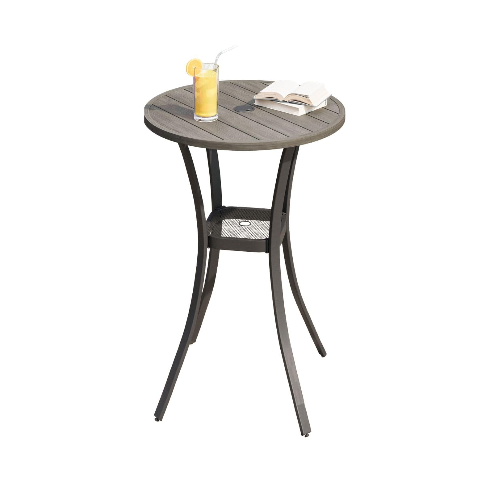 DIFY Patio Bar Height Table, Grey Wood-Like 28" Round Outdoor Pub Table with 1.57" Umbrella Hole for Bistro, Garden, Poolside and Balcony