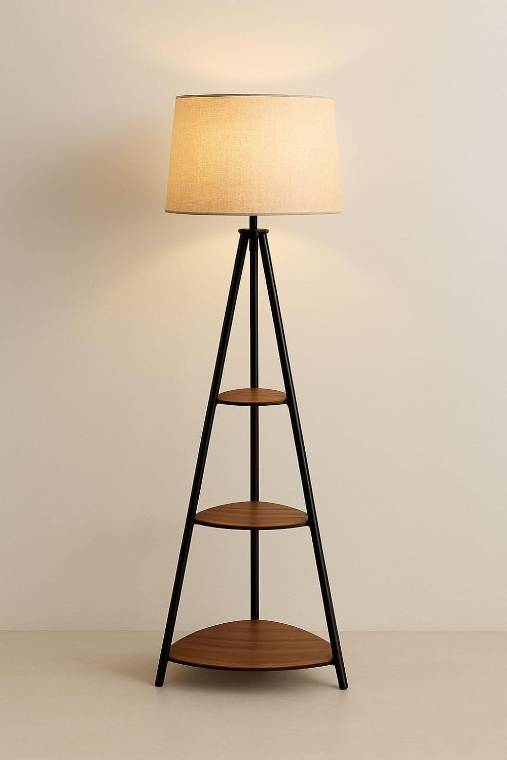 Floor Lamp with Storage Shelves, Tripod Design, Black Metal Frame, Wooden Accents, Beige Fabric Shade, for Living Room, Bedroom, Office Home Decoration-image-16