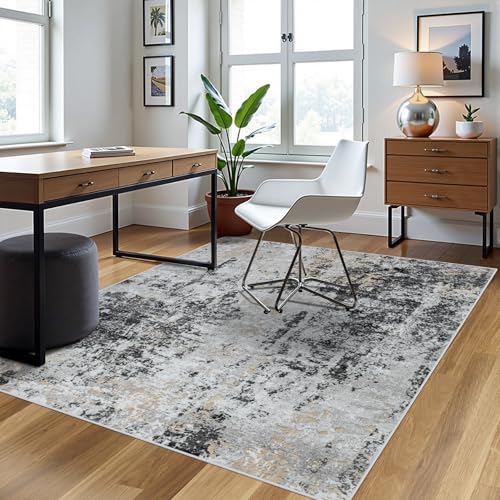 4x6 Area Rugs for Living Room Rug Washable: Abstract Rug for Dining Room Bedroom Carpet Non Slip 4 by 6 Indoor Modern Nursery Home Office Black Grey Gold