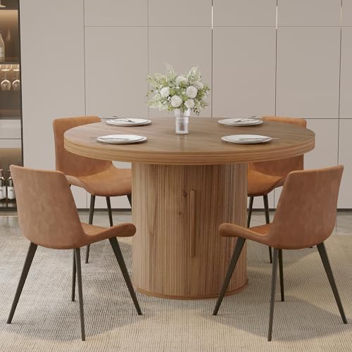 Image of HIPIHOM 5-Piece Dining Set for Small Spaces 43.3 inch Round Table & 4 PU Leather Chairs, Modern Farmhouse with Storage Shelf, Apartment Kitchen Easy Assembly (Walnut Color Round Table + 4 Brown Chairs)