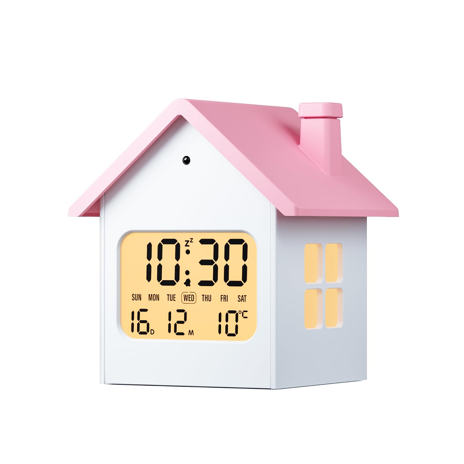 Cloka Alarm Clock for Kids, LCD Digital Alarm Clock Bedside with Light, Temperature, Date & Day, Snooze, 12/24H, Backlight, Mains & Battery Operated Small House-shaped Clock (Included Battery)