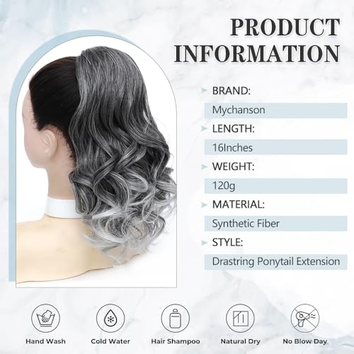 Mychanson 16 Inch Ponytail Extension Drawstring Ponytail for Women Curly Wavy Pony Tails Hair Extensions Synthetic Ponytails Hairpieces for Daily Use-Grey Mix White — view 2