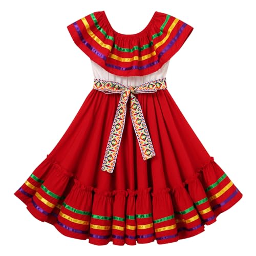 IKADEX Girls Traditional Mexican Dress Off Shoulder Striped Cinco de Mayo Party Dresses with Belt