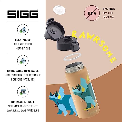 Sigg - Isolierte Trinkflasche Kinder - Shield Therm One Rawsome - Kohlensäuregeeignet - Auslaufsicher - Spülmaschinenfest - BPA-frei - 90% recycelter Edelstahl - Sandbraun mit Dinosaurier - 0,5L