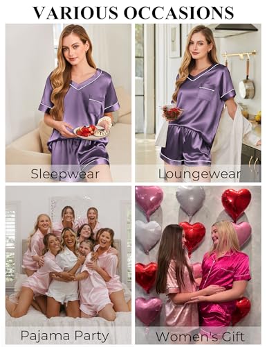 Image of Silk Pajamas for Women Short Sleeve Satin 2 Piece Pj Set Soft V Neck Sleepwear Loungewear, S-XXL