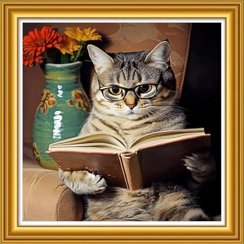 Image of Dooxvey Counted Cross Stitch Kits for Adults 11CT Printed Cross-Stitch Patterns Cross Stitching Embroidery Kit Stamped or Counted Needlepoint Kits-The cat Reading on the Sofa 18x18 inch