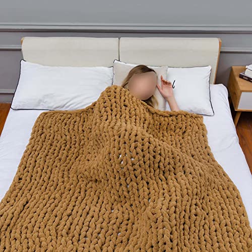 QDY -Manta De Tiro De Punto Grueso, Manta Tejida con Cable De Hilo De Chenilla, Hecha A Mano para Sofá Cama, Decoración del Hogar, Manta De Ganchillo Gruesa Y Acogedora Gigante,Camel,200x200 cm