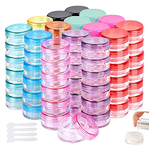 GZLCEU 120 botes de 5 ml, PS vacíos con 4 mini espátulas para cosméticos, bálsamo labial, crema, perlas para decoración de uñas, diamantes de imitación, pigmentos, sombra de ojos