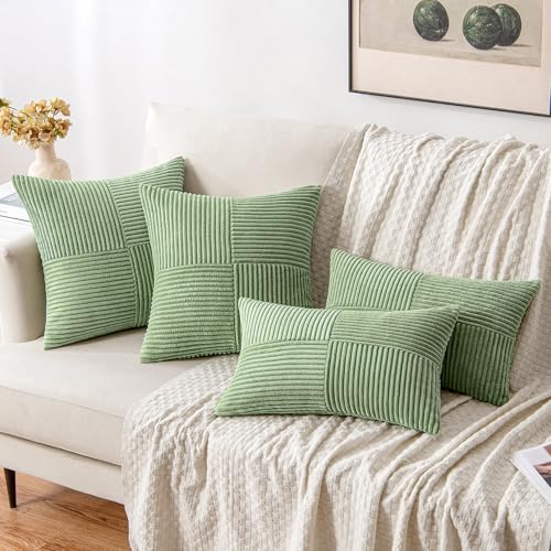 Image of MIULEE Sage Green Decorative Throw Pillow Covers 18x18 Inch for Couch Bed Sofa Pack of 2 Boho Farmhouse Throw Pillows Soft Cross Corduroy Patchwork Textured Cushion Cases