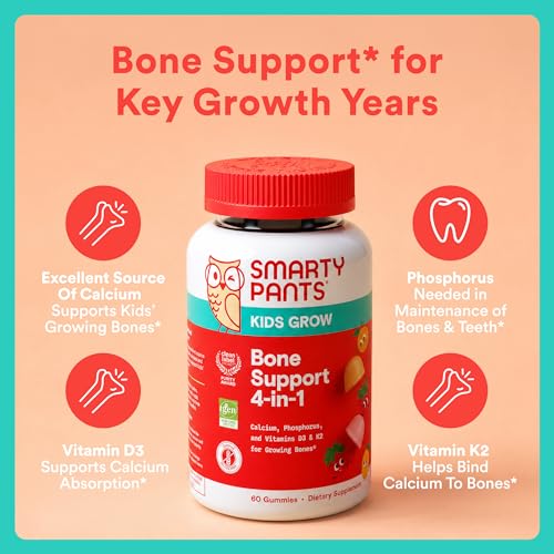 SmartyPants Kids Bone Support 4-in-1 Gummies with Calcium, Vitamin D3, K2 & Phosphorus for Growing Bones, Strawberry Mango, 60 Count (30 Day Supply) - image 3