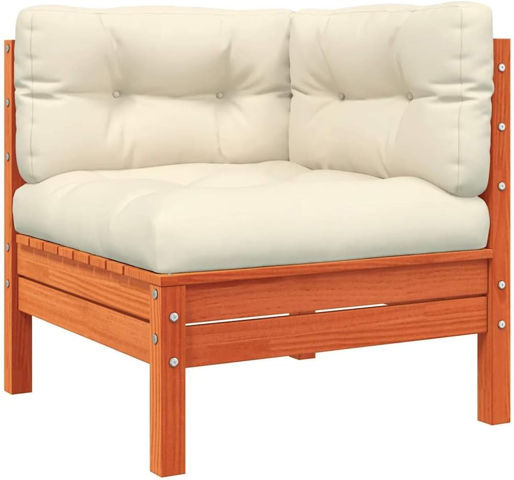 Patio Sofa Wax Brown 9.8 x 29.3 x 9.7 in Solid Pine Wood Modular Outdoor Loveseat with Cream Cushions Convertible Footstool for Garden, Balcony, Deck