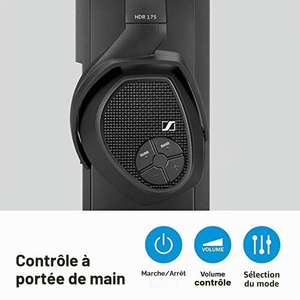 Sennheiser RS 175 – Casque PC Sans Fil RF pour Système TV avec Renforcement des Basses et Mode Son Surround, Compact et Ergonomique, Casques Sans Fil pour TV, Noir