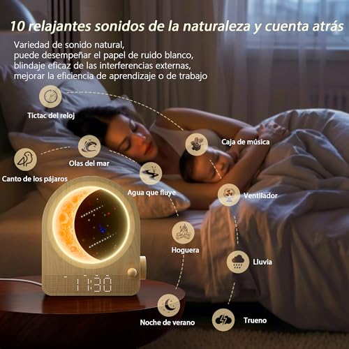 Miniatura 8 de Blonbar Despertador Y Lámpara De Luna Combinados, 2 Despertadores,3 Niveles De Brillo, Lámpara De Noche Con Luz Diurna, 10 Sonidos Naturales, Luz Nocturna Regulable, Ideal Para