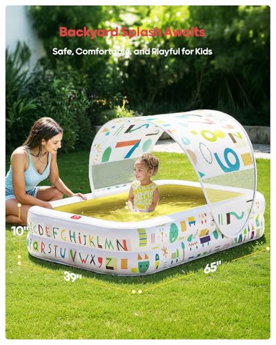 Image of QPAU Kiddie Pool with Canopy, Inflatable Design, 65 x 39 in, Yellow