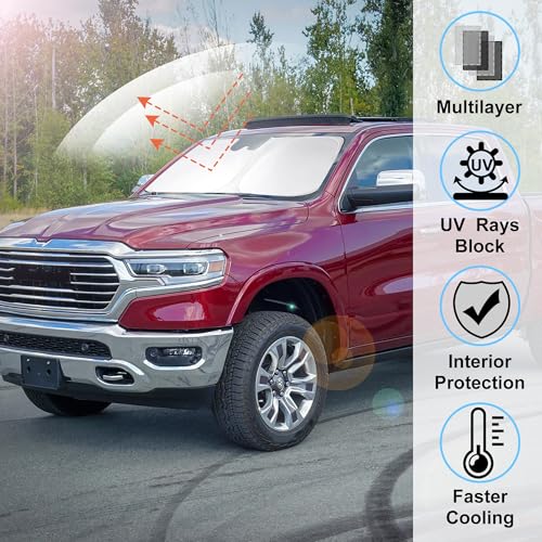 Image of Windshield Sun Shade for 2019-2024 2025 2026 Dodge RAM 1500 Accessories CrewCab,MegaCab Pickup,2Dr RegularCab,4Dr QuadCab Custom Fit Foldable Sunshade