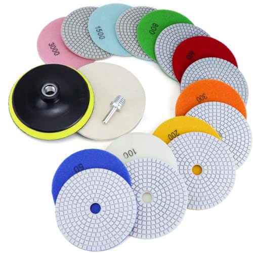 Image of 5 Inch Diamond Polishing Pads with 5 /8''-11 Hook & Loop Backing Pads, 10pcs Wet /Dry Concrete Polish Tools Kit for Drill, Grinder, Polisher, 50-3000 Grit Polishing Set for Marble Granite Quartz Stone