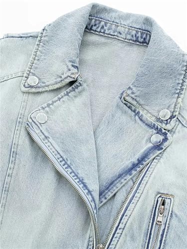 Women's Fashion Biker Denim Jacket Short Vintage Lapel Long Sleeve Zipper Belt Jean Coat3