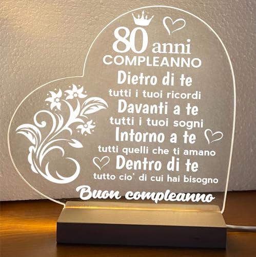 Lampada led personalizzata, Luce notturna decorativa, Lampada notturna a led, base in legno e cavo usb. IDEA REGALO, MAMMA, Papà, NONNA,NONNI, (80 ANNI BUON COMPLEANNO)