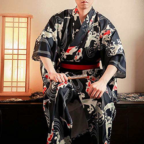Men's Japanese Traditional Kimono Robe Long Sleeve Spa House Bathrobe Easy Wearing Yukata Sleepwear Nightgown Unisex with OBI Belt Set Navy3
