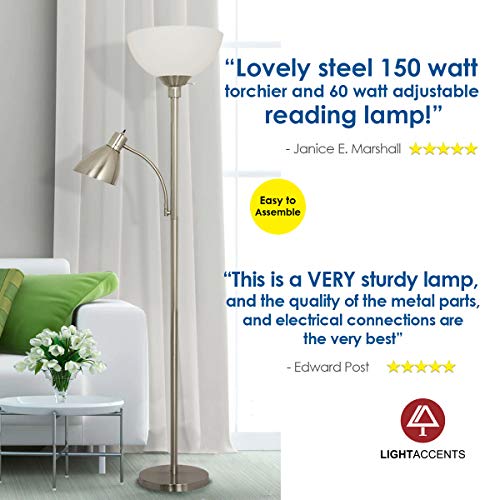 Floor Lamp with Reading Light by Light Accents - Metal Standing Lamp with Side Reading Light - Stand Up Light - Floorlamp - Floor Lamp for Living Room - Standing Lamp for Living Room (Brushed Nickel) - Thumbnail 7
