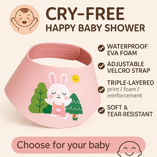 Image of Baby Shower Cap Shield - Adjustable Waterproof Shower Visor for Kids, Soft Baby Hair Washing Shield with Ear Protection, Perfect for Toddlers & Children (White Rabbit)