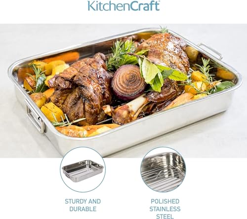 KitchenCraft Roasting Tin with Rack, Stainless Steel Roasting Tin, Large, 43 x 31 cm, Silver - Image 5
