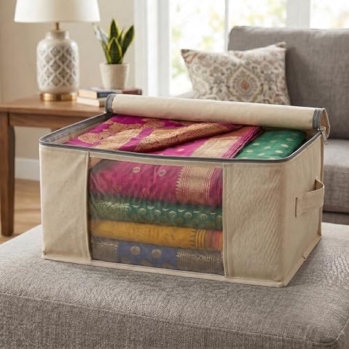 Image of Lukzer Cotton Canvas Large Saree Cover Bags for Storage with Zip & Transparent Mesh Window /Clothes Organizer for Wardrobe - Set of 06 | Saree Bags Designed for Lehengas /Blankets /Dresses - 44x31x19 CM