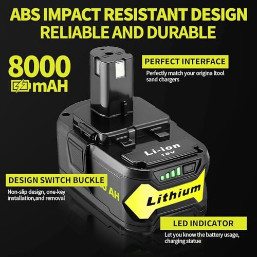 Image of Replacement for Ryobi 18V Battery: 8.0Ah Replace Compatible with Ryobi Lithium Battery P107 P108 Cordless Power Tools with LED Indicator Light 2 Pack