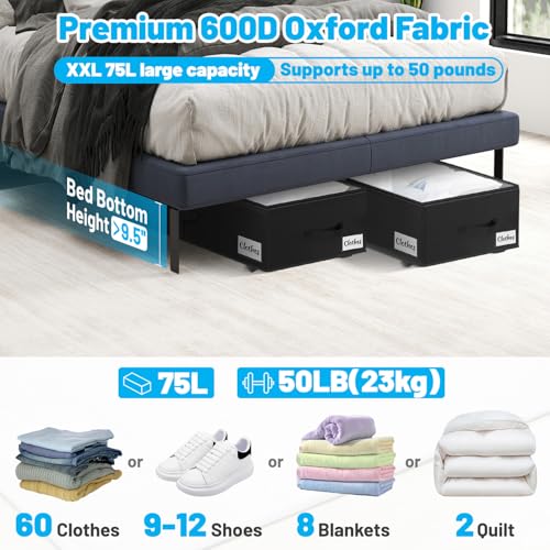 Image of Under Bed Storage with Wheels, 3-Pack 10 inch Height XXL 75L Rolling Storage Bins, Quick Assembly Underbed Shoe Storage Containers with Clear Lid & Label, Dorm Under Bed Drawers for Clothes, Shoes, Black
