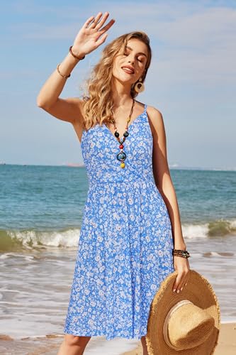 Image of STYLEWORD Womens Sundress Summer Floral Wrap V Neck Backless A-Line Casual Beach Midi Dress