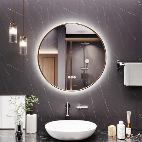 YIDABATH Round Bathroom Mirror with Lights, 28x28 Inch Vanity Mirror with Backlit, Anti-Fog, 3 Colors and Stepless Dimmable Wall Mounted Makeup Mirror with Metal Frame (Gold) Cover